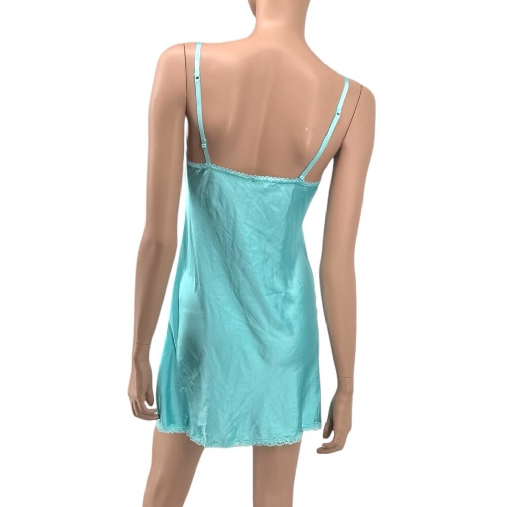 Vintage Y2K Victorias Secret Turquoise Blue Lace Trim Slip Dress Satin Nightgown - Picture 6 of 11